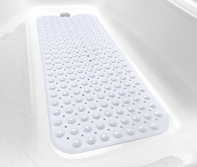 Extra-Long Non-Slip Bathtub & Shower Mat 39”x16” (Smooth/Non-Textured Tubs Only) Safe, Clean, Machine-Washable, Superior Grip&Drainage, Vinyl, Opaque White
