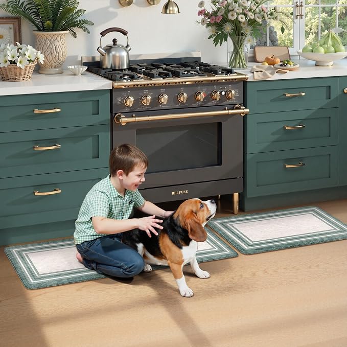 KIMODE Anti Fatigue Kitchen Mats,Farmhouse Kitchen Rugs Non Slip Rubber Backing,Waterproof Kitchen Mat for Floor,Green Laundry Room Rug,Cushioned Standing Desk Mat for Kitchen Decor,Bathroom Sink