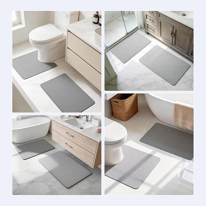 Bathroom Rugs Sets 2 Piece, Thin Bath Mat & U-Shaped Contour Toilet Rug Absorbent Quick Dry, Machine Washable, Non Slip Low Pile Bath Mats for Bathroom/Tub/Sink/Shower (27"x17" Plus 24"x20" U, Grey)