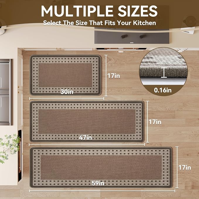 Kitchen Mats for Floor, 17''x47'' Washable Absorbent Kitchen Mat Non Slip, Braided Kitchen Runner Rug, Kitchen Sink Rug, Brown