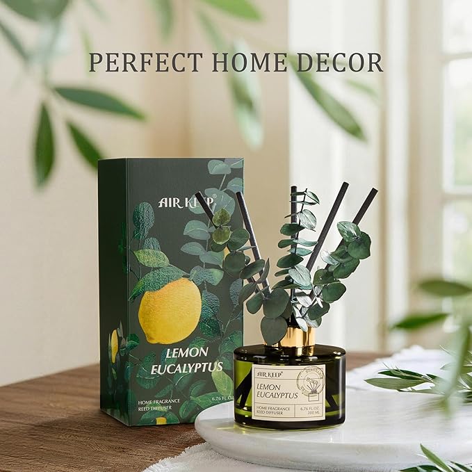 Airkeep Reed Diffuser Set with 6.76 fl oz Lemon Eucalyptus Scent Essential Oils and 3 Leaves & 8 Diffuser Sticks,Bathroom Shelf Decor & Air Freshener, House Bedroom Office Decor & Gifts