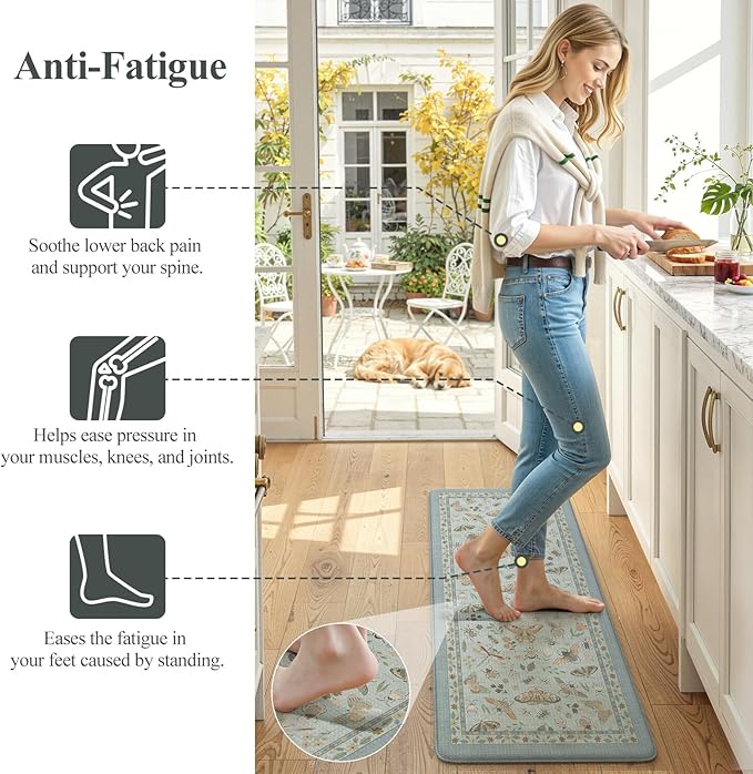 LEEVAN Anti Fatigue Mats for Kitchen Floor Non-Slip, Cushioned Kitchen Mats for Floor 2 Piece, Blue Memory Foam Kitchen Mat Set, Waterproof Ergonomic Standing Mat for Bar, Office,Desk, Laundry