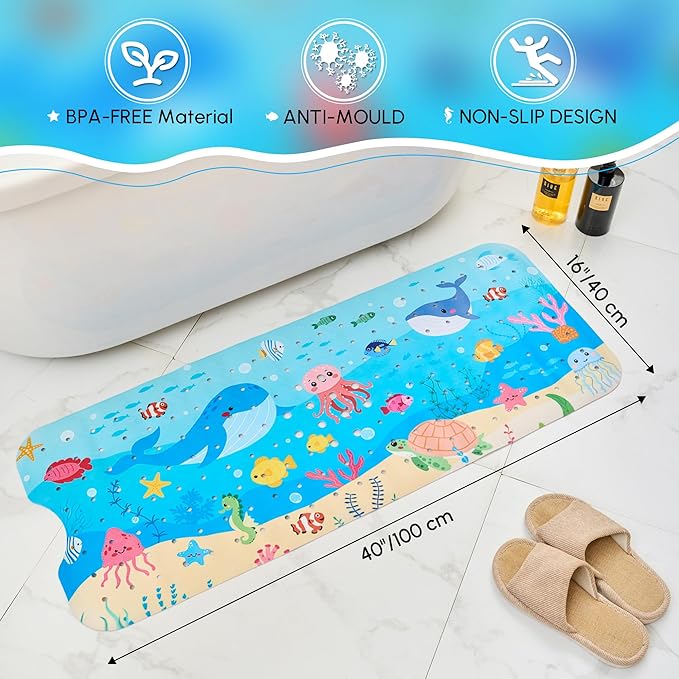 Vannokor Baby Bath Mat for Tub Non Slip Kids, 40 X 16 Inch Extra Long Bathtub Mat with Drain Holes and Suction Cups, Anti Slip Shower Mat Machine Washable, Whale