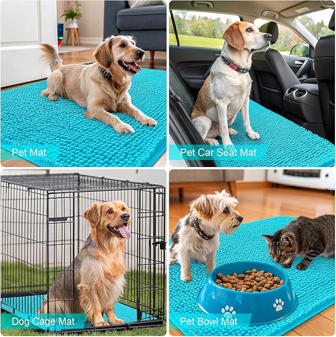 OLANLY Dog Door Mat for Muddy Paws 59x35, Absorbs Moisture and Dirt, Absorbent Non-Slip Washable Doormat, Quick Dry Chenille Mud Mat for Dogs, Entry Indoor Entryway Carpet for Inside Floor, Aqua Blue