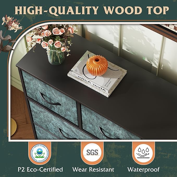 WLIVE 7 Drawer Dresser TV Stand, Entertainment Center, Media Console Table with Metal Frame and Wood Top for TV up to 45 inch, Chest of Drawers for Bedroom, Living Room, Vintage Green