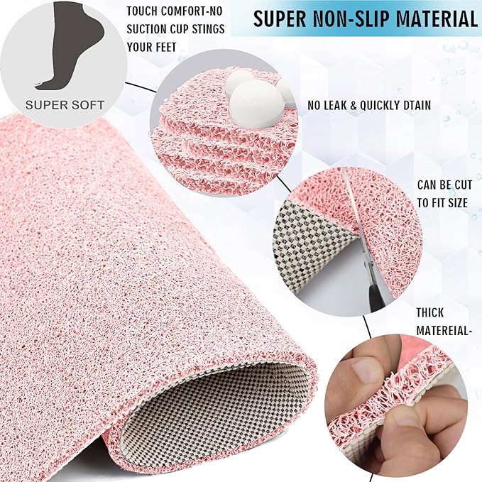 godehone Shower Mats Non Slip Without Suction Cups, PVC Loofah Bathroom Mats, Loofah Mats for Shower and Bathroom, Quick Drying, 23.6× 47.2 Inch, Pink