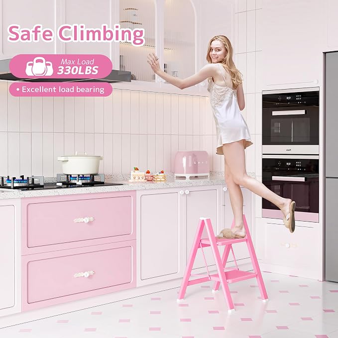 Pink 2 Step Ladder, Small Kitchen Step Stool for Adults, Widen 7.9Inch Pedal for Comfortable Use, Sturdy and Cute Step Ladder with Anti-Slip Foot, More Friendly to Women, 330Lbs Load