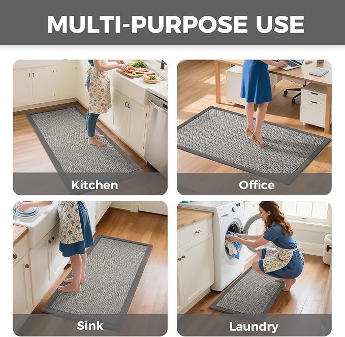 YDKGL Kitchen Runner Rugs Non Slip Washable Anti Fatigue, Super Absorbent 0.4" Thick Cushioned Long Kitchen Mats for Floor, Jute-Look Sink Floor Mat Laundry Standing Mat, Easy Clean, Gray 17"x59"