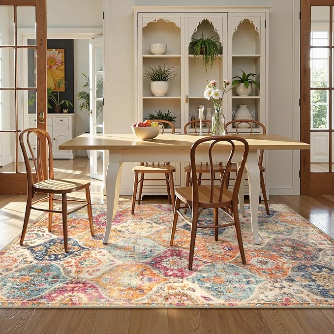 Lahome Moroccan Trellis Washable Area Rugs 5x7, 5x7 Area Rugs for Living Room Bedroom, Indoor Non-Slip Large Oriental Throw Carpet for Kitchen Entryway Bathroom Office Elise, Cream/Multi
