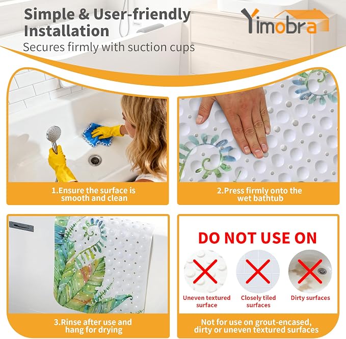 Yimobra Non Slip Bathtub Mat 40 x 16 Inch, Extra Long Shower Mat with Drain Holes, Machine Washable Baby Bath Mats, Strong Suction Cups for Bathroom Floor, Banana