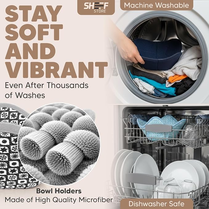 Sheff Microwave Bowl Cozy Holders Set of 4 - Durable and Reliable for Hot and Cold Plates and Dishes - Ideal Household Gift (Gray and White, 7 inch)