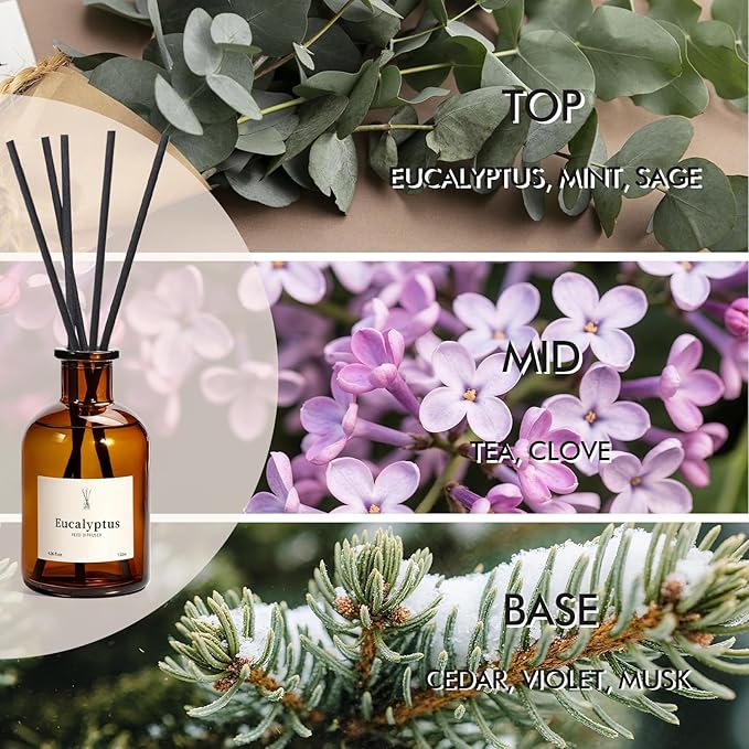 Reed Diffuser Set, 8.12 fl.oz Eucalyptus Scented Diffuser with Sticks, Up to 120 Days, Home Fragrance Reed Diffuser for Bathroom Shelf Decor & Room Freshener, 2 Pack