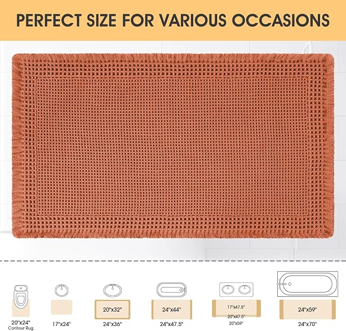 Upgrade Waffle Bath Mat, Boho Bathroom Rugs Absorbent Non Slip, Ultra Soft Bathroom Mat, Machine Washable Knit Bath Rugs with Border for Bathroom, Bedroom, Kitchen, Shower,Tub, 36"x24", Burnt Orange