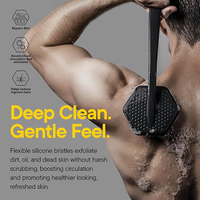 TOOLETRIES Silicone Back Scrubber for Shower, Exfoliating Body & Bath Brush, Long Ergonomic Handle, Non-Slip Grip for Hard-to-Reach Areas, Hygienic Silicone Bath Accessory for Men & Women - Charcoal