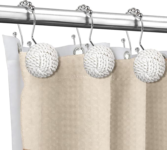 Sunlit Boho Knots Double Shower Curtain Hooks, Home Decorative White Shower Curtain Rings for Bathroom, Seaside Nautical Shower Curtain Hangers Bathroom Accessories, Set of 12