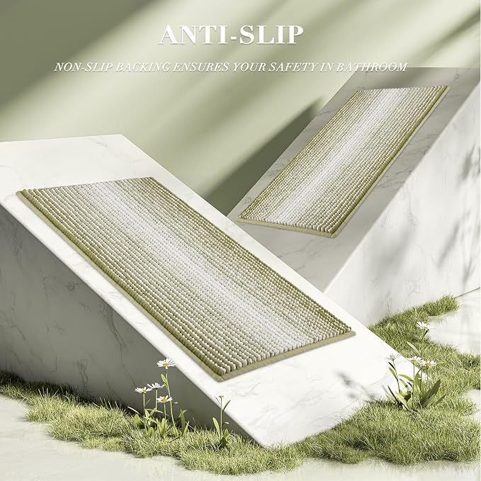 BSICPRO Bathroom Rugs and Mats Sets, 2 Piece Thick Absorbent Chenille Non Slip, Soft Shaggy Floor Mats, Machine Washable (Linden Green, 20" x 47" Plus 16" x 24")
