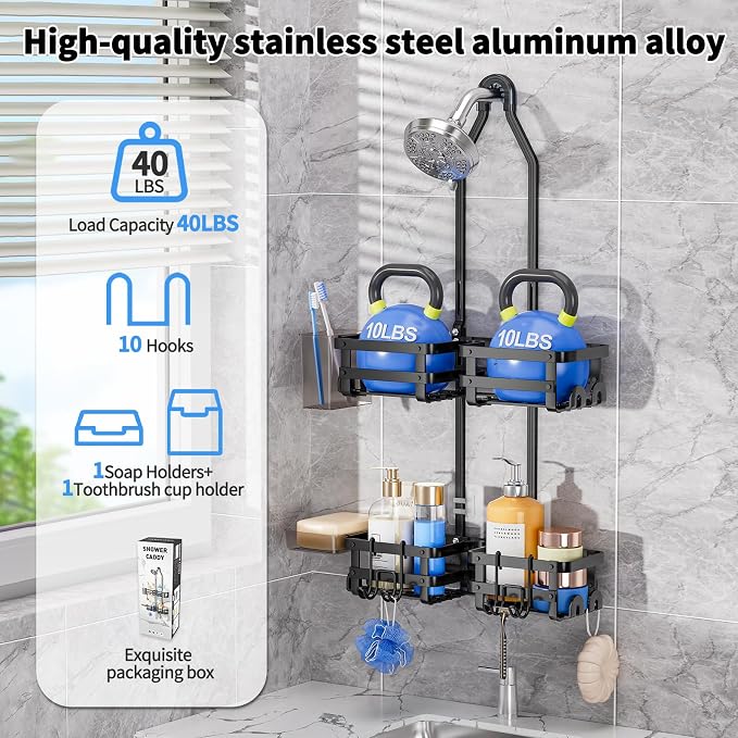 GAOKASE Aluminum Shower Caddy Hanging, Never Rust Shower Organizer- 4 Levels with adjustable Height 10 Hooks for Razor/Sponge - Rack with Soap Basket (Black-1)