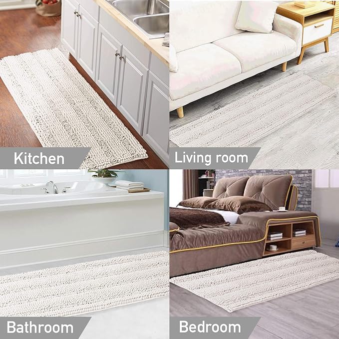 Turquoize Non Slip Shaggy Chenille Microfibers Bathroom Rug Bath Room Mat Extra Long Bath Rug 47 x 17 Kitchen Rugs and Mats, Super Water Absorbent & Soft Washable Bath Rug for Bathroom, Ivory