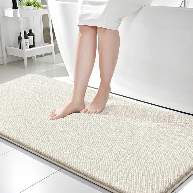 OLANLY Thick Memory Foam Bathroom Runner Rugs 59x24, Extra Soft Absorbent Long Bath Rug, Quick Dry Bath Mats, Non-Slip, Machine Washable Mat for Bathroom, Tub and Shower, Home Decor Accessories, Ivory