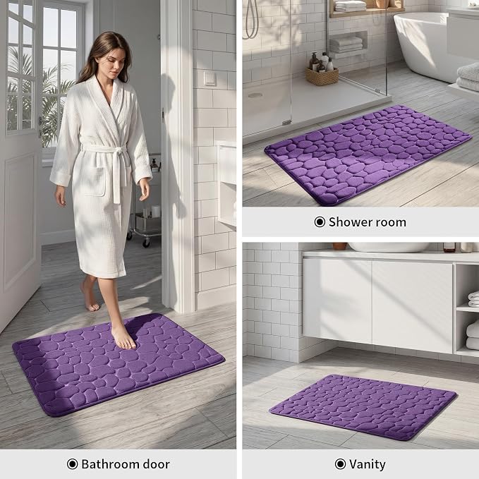 YIHOUSE Memory Foam Bath Mat Cobblestone Bathroom Rugs Super Water Absorbent Bath Mats for Bathroom Machine Washable Bath Rugs(17 x 24,Eggplant)