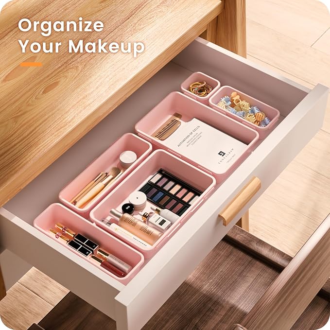 A-LuGei 【Military Grade Drawer Organizer, 【𝟱𝗦𝗶𝘇𝗲】 Makeup organizer, 【Holds 177 Items】 Bathroom Organizers and Storage, Organization and Storage, Desk Drawer Organizer for Vanity (Pink)