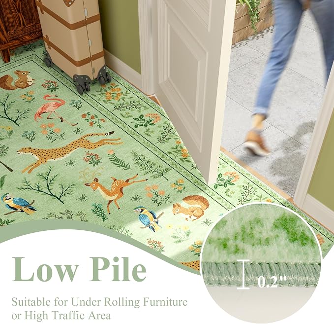 DUKINO 2x3 Rug, Washable Animal Rugs for Entryway, Non Slip Indoor Door Mat, Soft Low Pile Small Area Carpet for Entrance, Bedroom, Kitchen, Laundry, Bathroom, Light Green