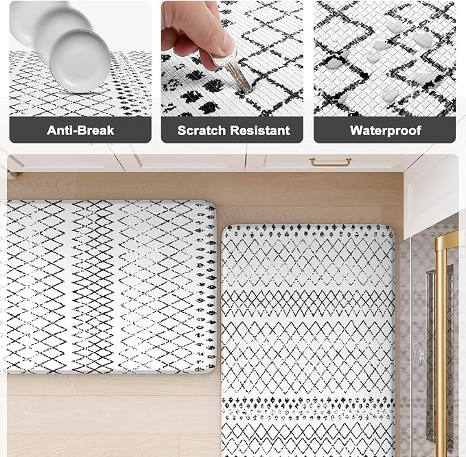 KIMODE Anti Fatigue Kitchen Mat for Floor, Cushioned Farmhouse Kitchen Runner Rug, Non Slip Waterproof Kitchen Floor Mat, Comfort Foam Standing Desk Mat for Laundry Office Sink Black/White 20"x32"