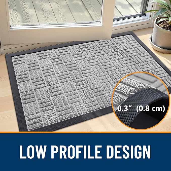 OLANLY Front Door Mat Outside Entrance 47x32, Absorbent, Heavy Duty Sturdy Natural Rubber Doormat Indoor Outdoor, Non-Slip, Stain and Fade Resistant, Low Profile Floor Mat for Entryway, Light Gray