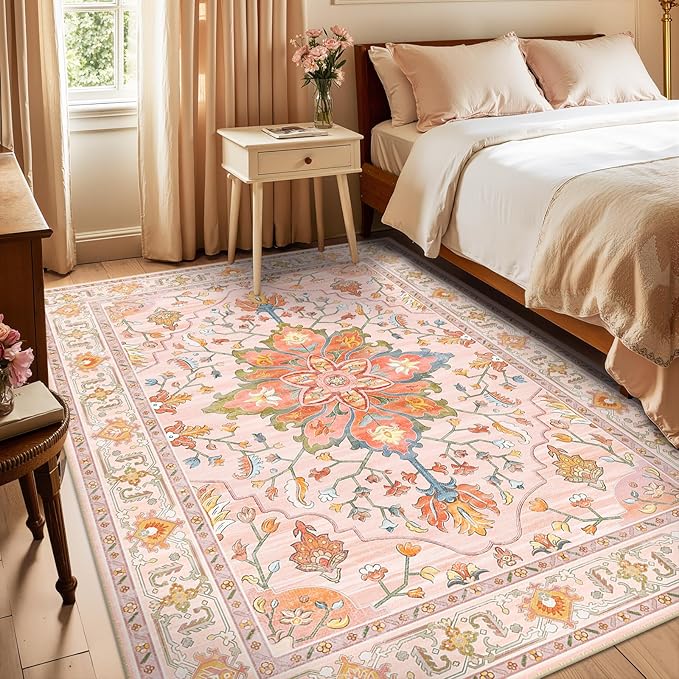 RELEANY Area Rugs 6'x8' Washable Non-Slip, Floral Vintage Distress Medallion Carpet for Living Room Bedroom Dining Room, Light Pink Colorful