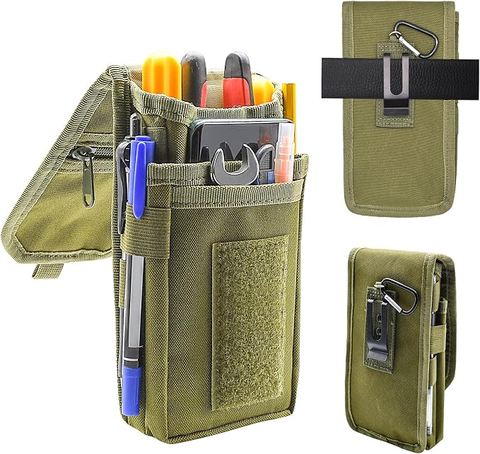 Belt Tool Pouch, Tactical Utility Organizer with Cell Phone Holder, Durable Heavy-Duty 1000D Nylon EDC Multitool Holster with Multi-Pockets for Electricians, Handymen, Work, Hiking, Daily Use