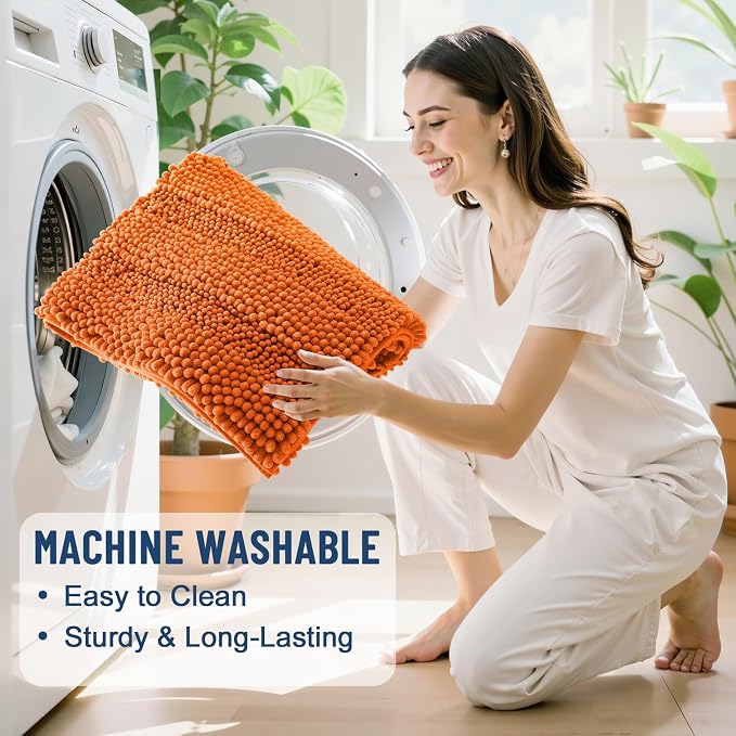 Grandaily Chenille Striped Bathroom Rugs 30x20, Extra Thick and Soft Absorbent Bath Mats, Rubber Backing, Plush Shaggy Shower Carpet, Machine Wash Dry, Bath Rug for Bathroom, Clay