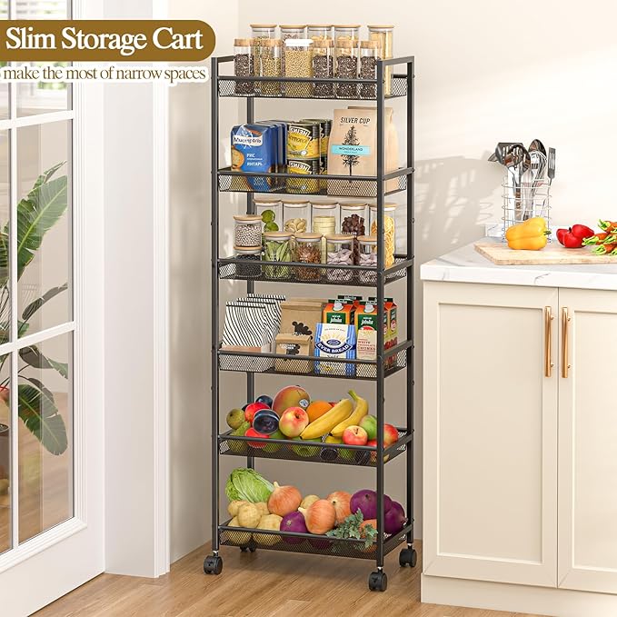 6 Tier Slim Rolling Storage Cart, Narrow Mobile Shelving Unit Organizer Utility Cart with Wheels, Metal Wire Storage Rack with Baskets for Kitchen, Bathroom, Laundry & Living Room, 10in(W) Black