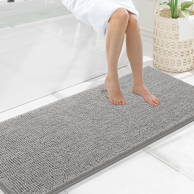 Smiry Luxury Chenille Bathroom Rugs 59x20, Extra Soft and Absorbent Shaggy Bath Mat, Machine Washable, Non-Slip Plush Carpet Runner for Tub, Shower, and Floor, Home Decor Accessories, Light Grey
