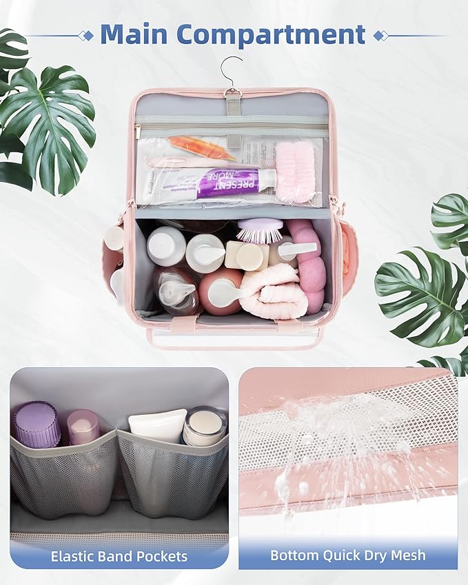 Marscamd Hanging Shower Caddy Organizer Bag for Travel with Hanging Hook, Quick Dry Mesh Bathroom Caddy Toiletry Bag with Handle for College, Dorm, Gym, Camping, Pink