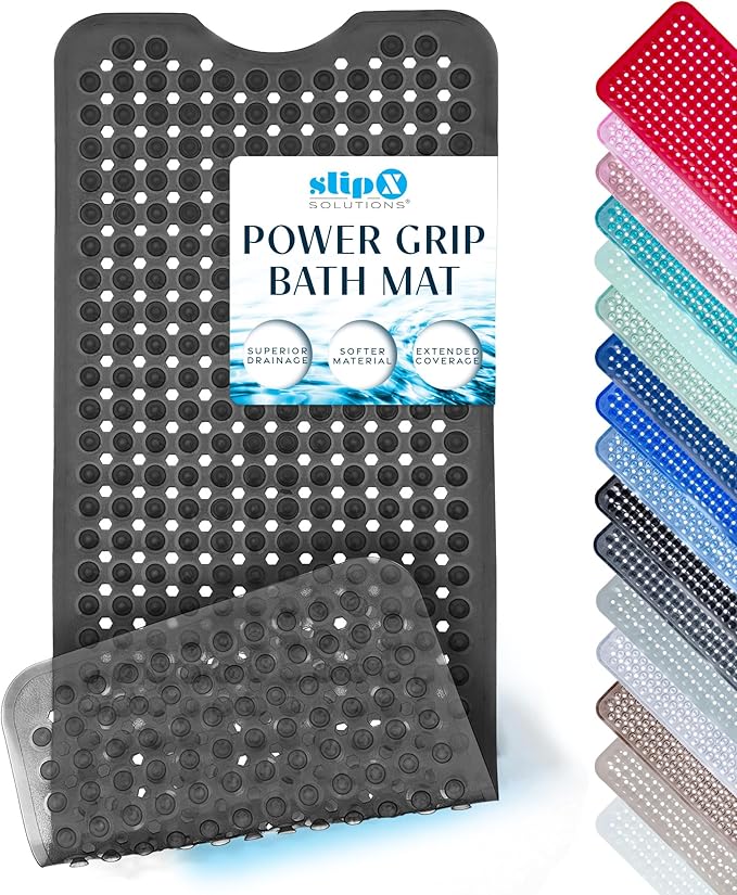 SlipX Solutions Power Grip Bathtub Safety Mat | Precision Grip Technology for Longer, Stronger, & Softer Wet Surface Protection | Clear Black 39"x16"