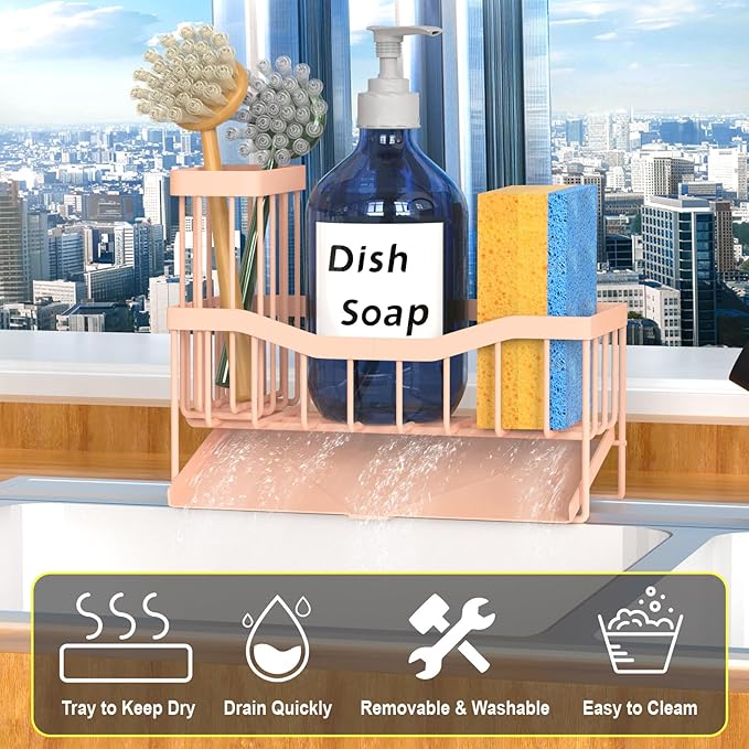 Fssvcd Maifan Sink Caddy Sponge Holder for Kitchen with Brush Holder and Stainless Steel Self Drain Tray, Rustproof Kitchen Sink Organizer for Sponge, Soap Dispenser Storage Accessories Pinky White