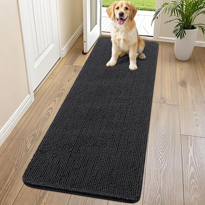 Smiry Dog Door Mat for Muddy Paws 70x24, Absorbent Dirt Trapper, Non-Slip Washable Chenille Entryway Rug for Inside Floor, Black, Classic Solid
