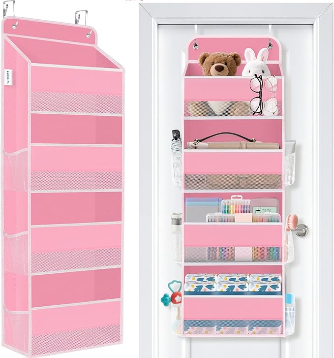 WISELIFE Over The Door Organizer Storage 4 Shelves Large Capacity Hanging Bedroom Storage Solution with 6 Side Pockets for Dorm Bathroom Pantry Nursery and Baby Essentials Holds up to 40 Lbs (Pink)