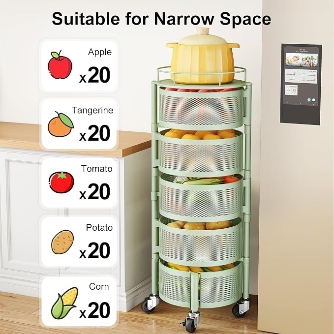SAYZH Fruit Vegetable Basket for Kitchen, Rotating Storage Rack, 5 Tier Rolling Cart with top lid, Large Metal Wire Basket for for Potato Onion Snack, Green