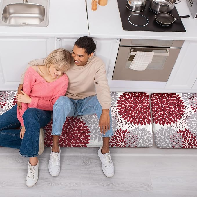 Anti Fatigue Kitchen Mats,17"x59"+17"x29" Non Slip Boho Dahlia Kitchen Rugs Sets of 2,Farmhouse Waterproof Kitchen Mat for Floor,Cushioned Standing Mat for Office,Laundry,Sink,Desk,Red