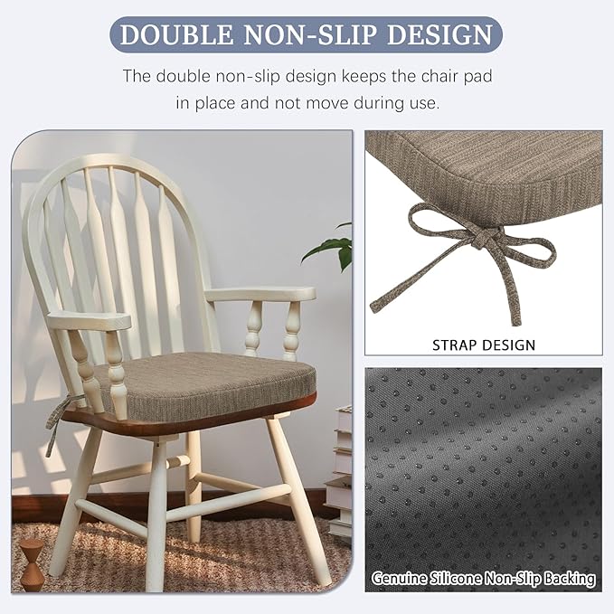 baibu Kitchen Chair Cushions, Dual-Layer Patented Design Molded Memory Foam Dining Chair Pads with Ties and Washable Cover, 17" x 16" x 2", Light Brown