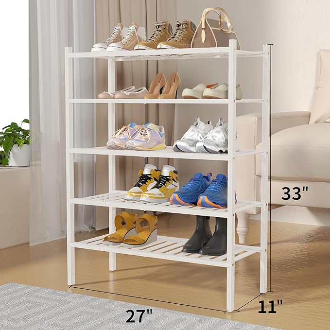 ROMGUAR CRAFT 5 Tier Bamboo Shoe Rack for Closet Free Standing Wood Shoe Shelf for Entryway Small Space Stackable 27"x11"x33" (White)