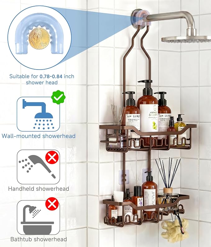 Upgraded Extended Length Shower Organizer with Hooks, Rustproof Shampoo Soap Holder, Large Hanging Bathroom Caddy