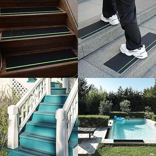 COSIMIXO 30" X 6"(10-Pack) Anti Slip Traction Treads with Glow in The Dark Stripe,Best Grip Tape Non Skid, Outdoor Anti-Skid Tape, High Traction Friction Abrasive Adhesive for Stairs Step