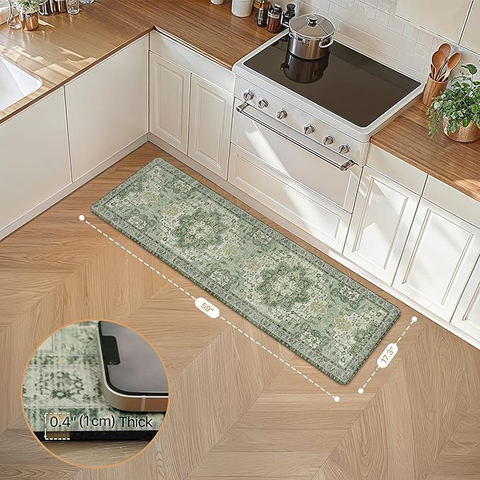 GENIMO Kitchen Mats for Floor, Washable Anti Fatigue Mat for Cushioned, 17.3"x59", Waterproof Kitchen Rugs, Non Slip Foam Comfort Standing Mat Rug for Home, Runner, Sink, Laundry, Light Green