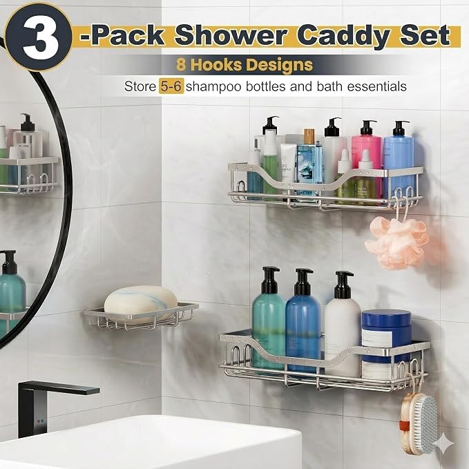 OMAIRA 3-Pack Shower Caddy with Soap Holder, Adhesive Rustproof No-drill Strudy Loading Inside Shower Organizer Shelves Rack Storage Bathroom Organization for Smooth Wall Glass Tile, Sliver (Large)