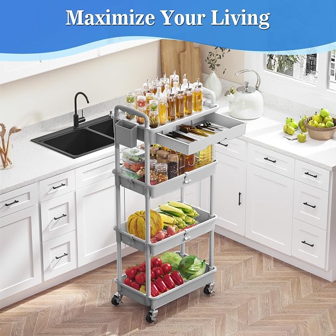 SUNALLY 4 Tier Rolling Utility Cart with Drawer, Storage Organizer Cart with 2 Lockable Wheels, Multifunctional Rolling Storage Cart for Bathroom, Kitchen, Craft, Makeup, Baby Essentials, Gray