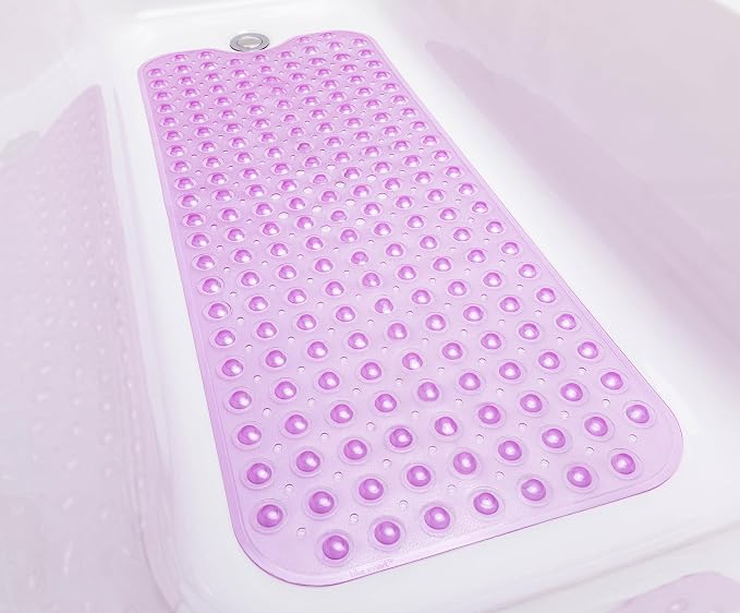 Extra-Long Non-Slip Bathtub & Shower Mat 39”x16” (Smooth/Non-Textured Tubs Only) Safe, Clean, Machine-Washable, Superior Grip&Drainage, Vinyl, Transparent Purple