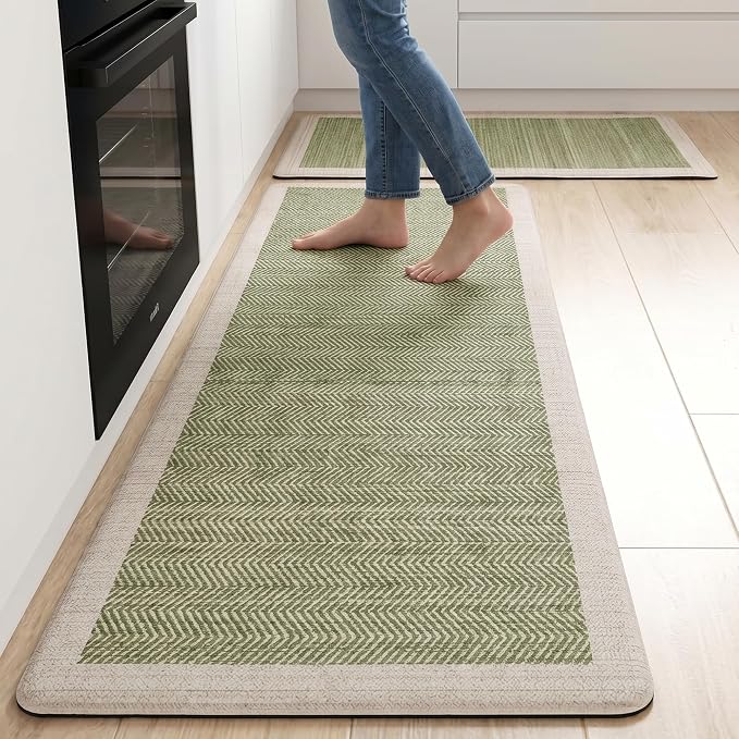 Sage Green Vintage Boho Elegance Kitchen Rug Sets [2 PCs], Anti-Fatigue, Waterproof Non-Slip Kitchen Mats Heavy Duty Comfort Foam Rug for Kitchen, Floor, Laundry,17"x29"+17"x47"