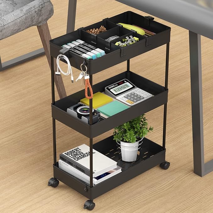 SPACELEAD 3 Tier Rolling Cart with Wheels, Storage Craft Art Trolley Organizer Serving, 3 Hanging Baskets Easy Assembly, for Office, Bathroom，Living Room, Kitchen, Black